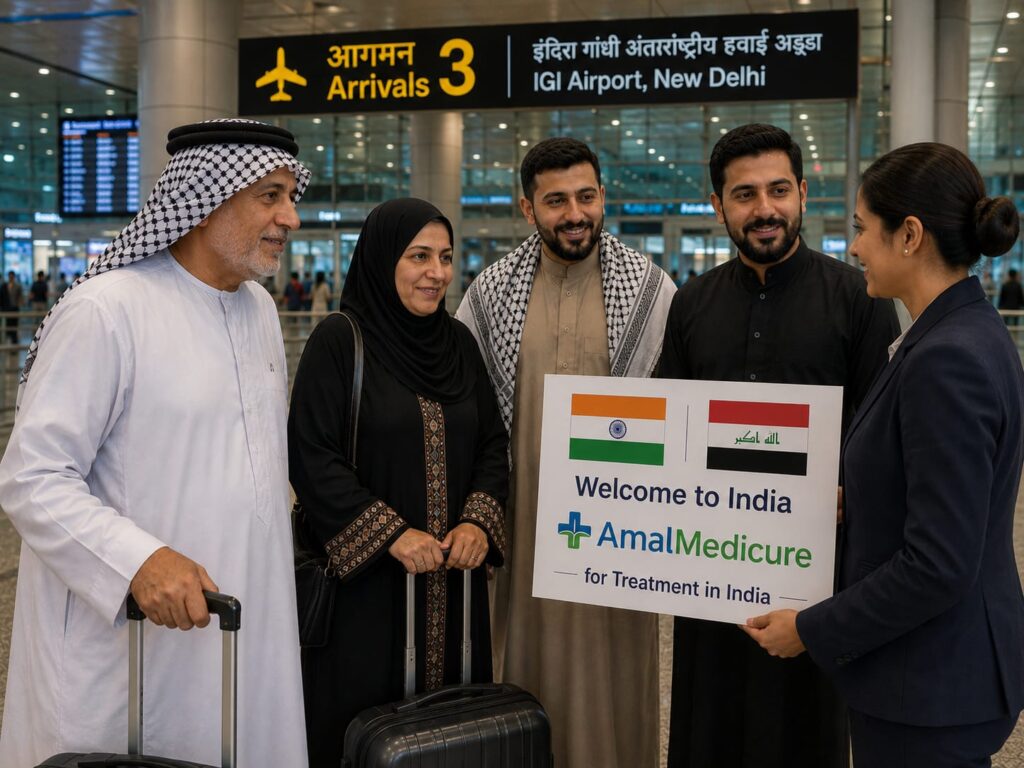 A family arriving at Indira Gandhi International Airport in New Delhi, met by a coordinator holding a welcome sign for treatment in India.